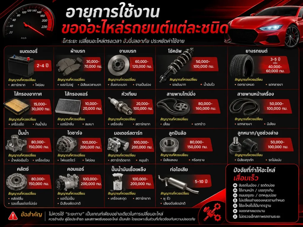 อายุการใช้งานของอะไหล่รถยนต์แต่ละชนิด